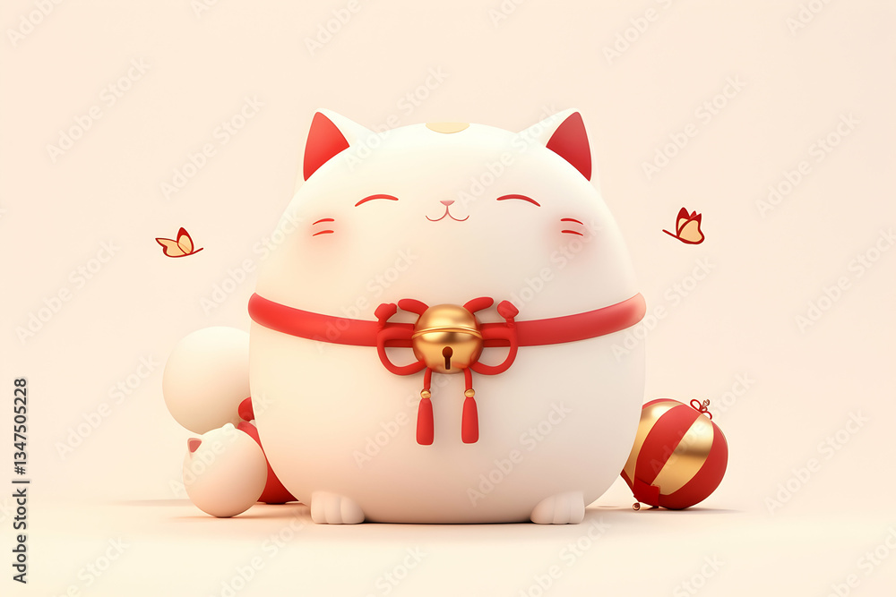 3D Rendered Cute White Cat Figurine with Red Accents 3D Rendered Cute White Cat Figurine with Red Accents