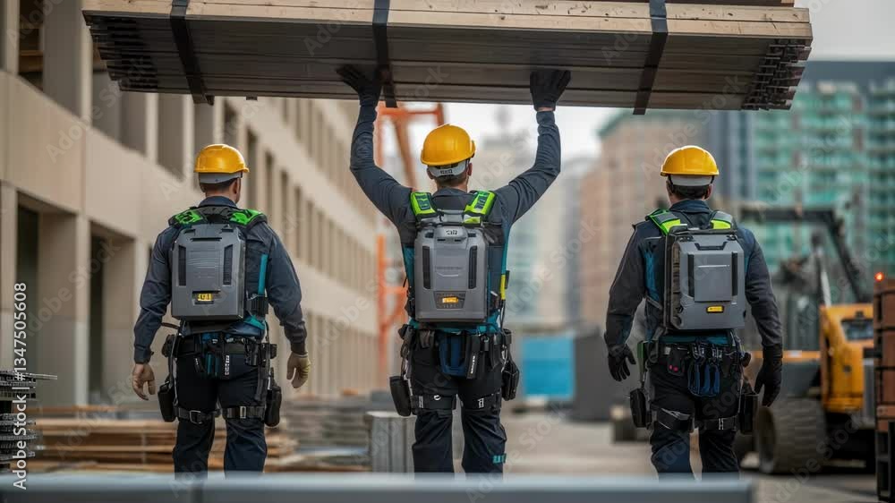 Construction workers wearing powered exoskeletons are walking and lifting heavy wood planks on a construction site, showcasing enhanced strength and reduced strain Construction workers wearing powered exoskeletons are walking and lifting heavy wood planks on a construction site, showcasing enhanced strength and reduced strain