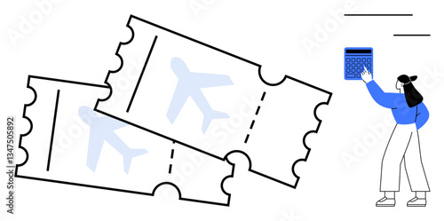 Two airplane tickets with visible aircraft icons and a woman analyzing costs using a calculator. Ideal for travel, budgeting, ticketing, aviation, planning, tourism, price comparison. Flat simple