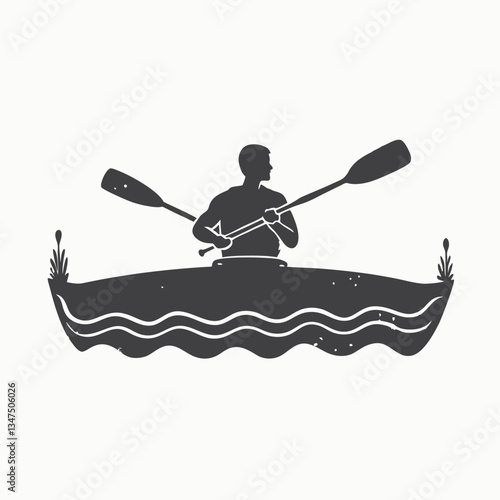 Kayaking vector silhouette illustration. Canoe with paddle vector icon. Black Kayak silhouette. The sport of rowing. Vector illustration
