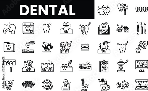 Collection of dental icons showcasing various dental care tools and procedures.