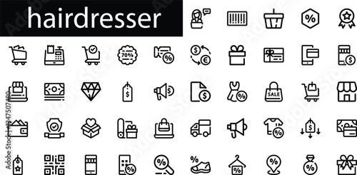 Variety of minimalist icons related to hairdressing and shopping deals.