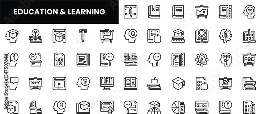 A collection of monochrome education and learning icons for various subjects.