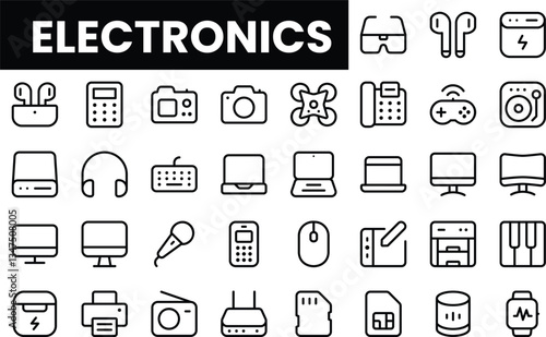 Simple line icons representing various electronics and gadgets.