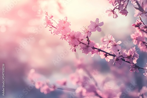 Blooming Pink Cherry Blossoms Branch in Spring Sunlight Floral Scene
