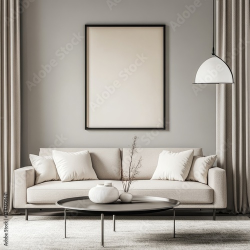 Modern living room interior.  Empty frame, beige sofa, round coffee table, neutral tones