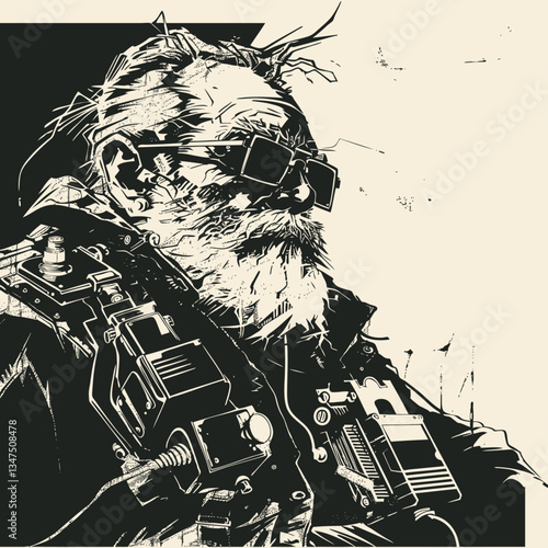 High-contrast vector illustration of a rugged elderly man with beard, sunglasses, and tactical gear in a gritty, sketchy style. Perfect for military, survival, or outdoor adventure themes.