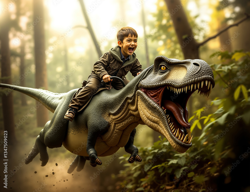Fototapeta premium A young boy riding on the back of a dinosaur in the woods