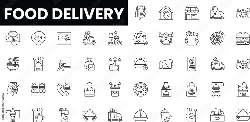 Collection of food delivery icons in a minimalistic style. Collection of food delivery icons in a minimalistic style.