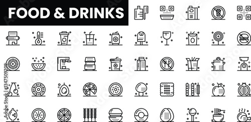 Stylized black and white icons of various food and drink items.