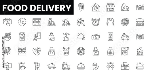 Collection of food delivery icons in a minimalistic style.