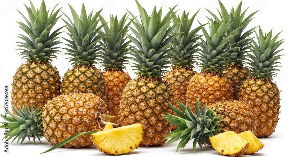An assortment of fresh pineapples offering a taste of tropical sweetness An assortment of fresh pineapples offering a taste of tropical sweetness