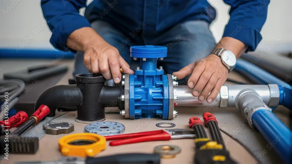 Professional plumber assembling a water pump, carefully connecting pipes and adjusting valves with precision, ensuring a secure and leak free installation for efficient water flow Professional plumber assembling a water pump, carefully connecting pipes and adjusting valves with precision, ensuring a secure and leak free installation for efficient water flow