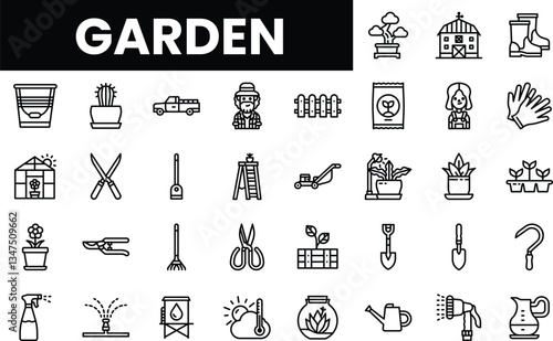 A collection of gardening icons illustrating tools and plants in a simple line art style.