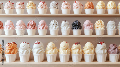 Wallpaper Mural Rows of assorted ice cream scoops in cups on wooden shelves. Torontodigital.ca