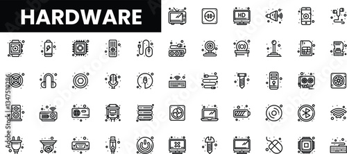 Collection of monochrome technology icons representing hardware devices.