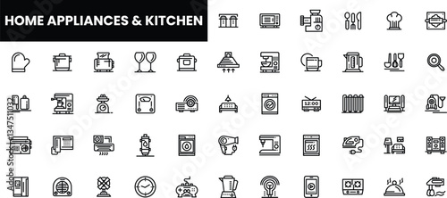 Collection of various kitchen appliances and icons in a minimalist design.