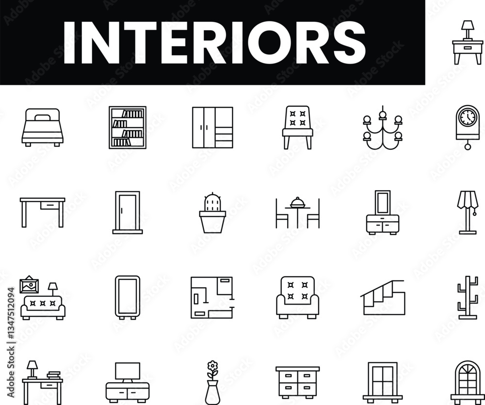 Line art icons of various interior elements and furniture items. Line art icons of various interior elements and furniture items.
