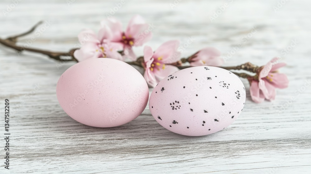 Obraz premium Pink Easter Eggs with Blossoms on Wooden Table
