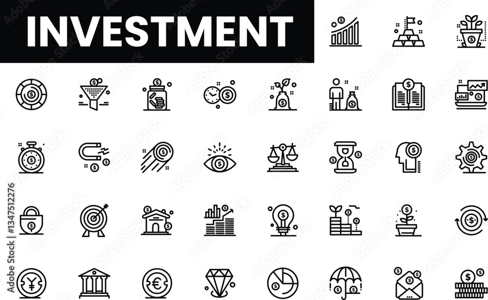 A collection of investment-related icons, showcasing various financial concepts. A collection of investment-related icons, showcasing various financial concepts.