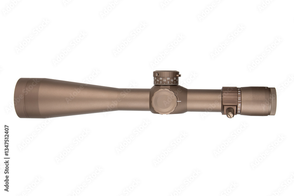 A modern rifle scope in matte brown with numerous adjustment controls, tailored for accurate shooting, set on a white background. A modern rifle scope in matte brown with numerous adjustment controls, tailored for accurate shooting, set on a white background.