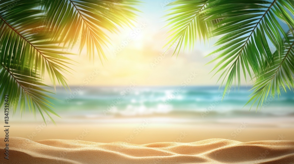 Obraz premium Bright Tropical Beach Scene with Palm Leaves and Soft Sand