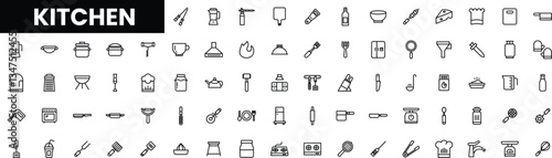 Variety of kitchen utensils and appliances in a minimalist style.