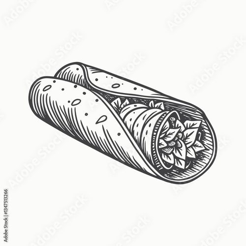 Engraving hand drawn shawarma illustration. Tasty wrap with tomatoes, pieces of pepper, meat and lettuce leaves isolated on white. Hand drawn vintage illustration with traditional Mexican Food