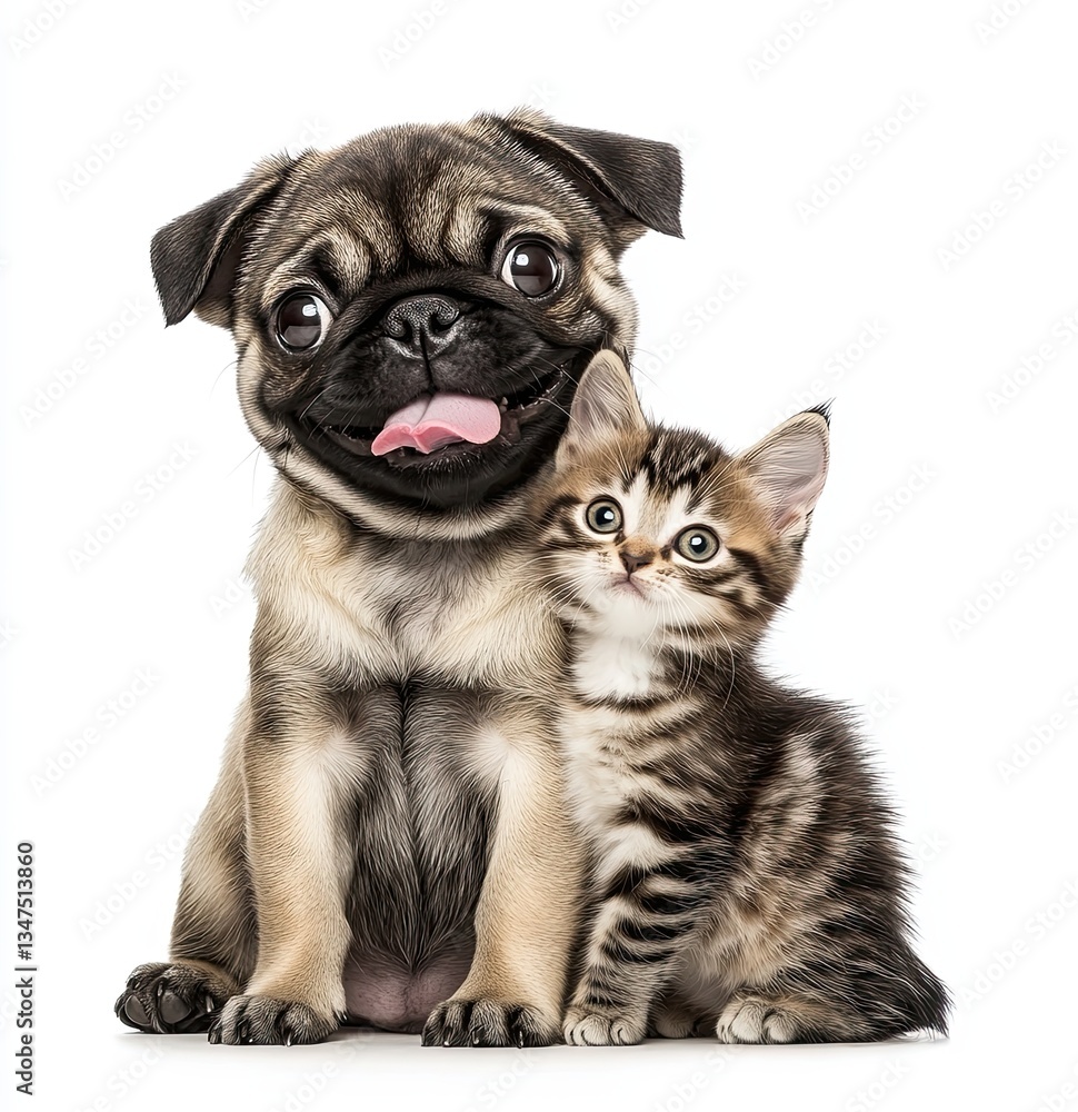 Obraz premium A playful pug and a small red kitten stand out against a plain white backdrop