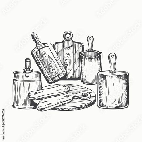 Top view. Sketch style Hand drawn cutting wooden boards set. Vintage hand drawn sketch srtyle. Vector illustrations.