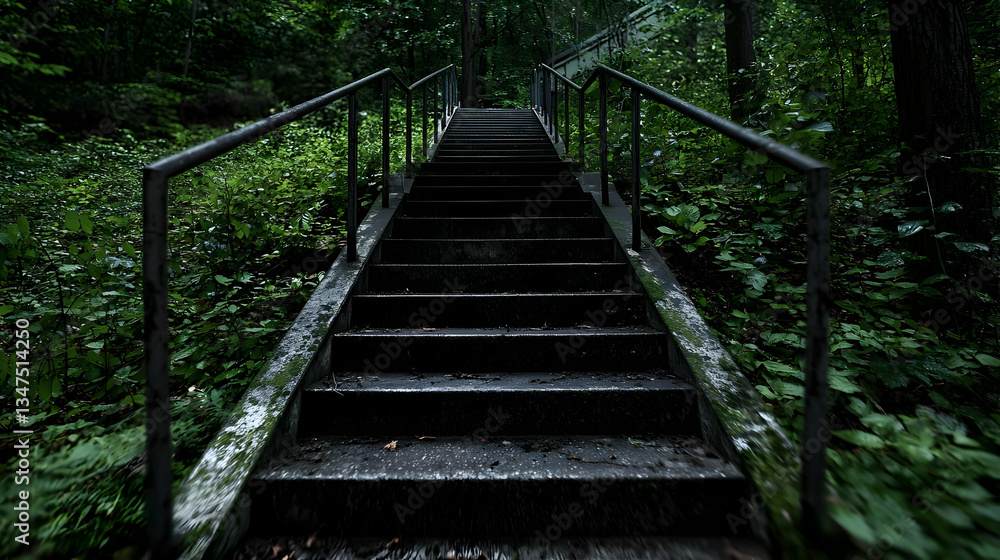 Metal Stairway Leading Upwards Through Dense Green Forest with Railings Under Rain and Moody Lighting Metal Stairway Leading Upwards Through Dense Green Forest with Railings Under Rain and Moody Lighting