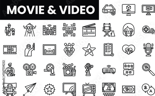 Various multimedia icons representing film and video production elements.