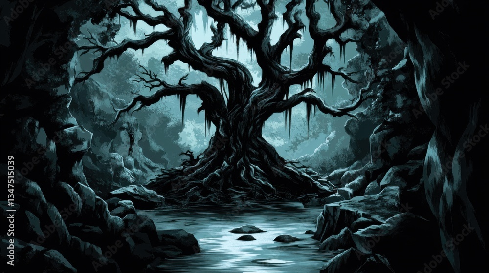 Naklejka premium A mysterious and spooky tree stands within a dark gloomy landscape