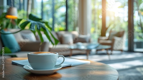 Wallpaper Mural Workspace coffee cup business documents and spacious area for advertising text Torontodigital.ca