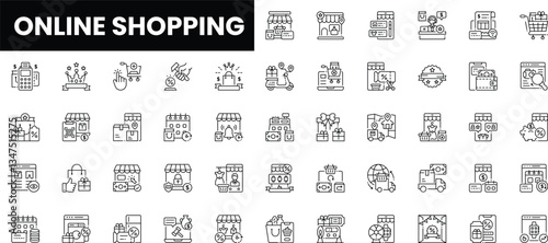 A collection of minimalist icons representing online shopping themes.