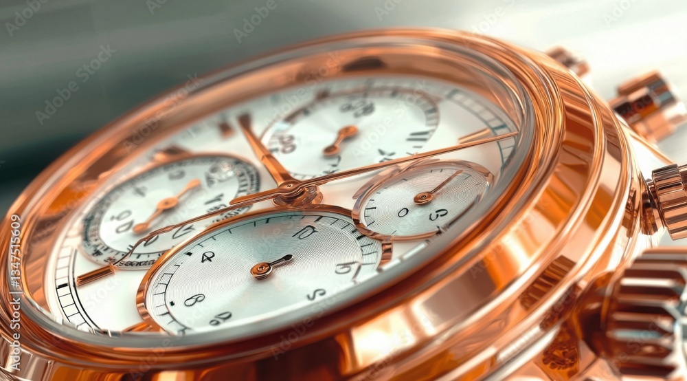 Fototapeta premium Luxurious Timepiece Close-Up: A Rose Gold Chronograph Watch with Intricate Detailing and Elegant Design