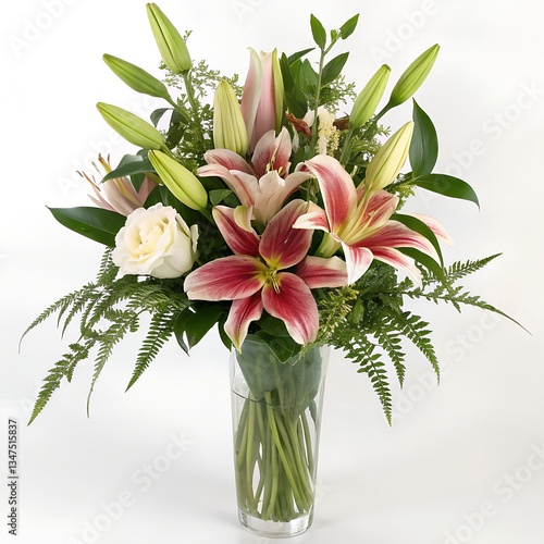 fresh amazon lily flower bouquet on white background floral arrangement