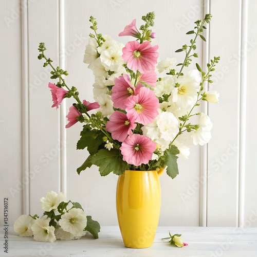hollyhock flower bouquet on white background vibrant tall blooms and garden beauty