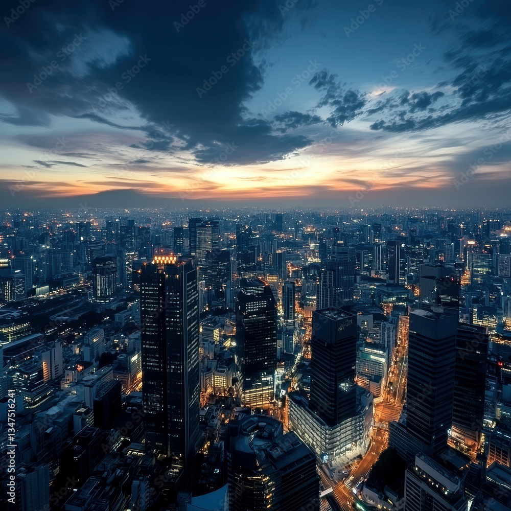 Obraz premium Vibrant cityscape at dusk with a mix of tall and short, illuminated skyscrapers and winding roads, seen from above - AI-Generated