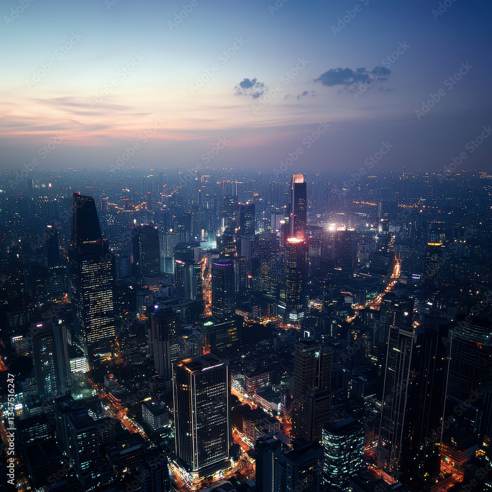 Fototapeta premium Nighttime aerial view of a bustling cityscape with high-rise buildings, lights, roads, and an orange horizon - AI-Generated