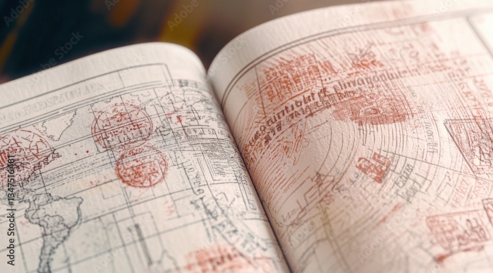 Fototapeta premium Open Passport Pages with Fictional Travel Stamps and World Map Details in Warm Tones