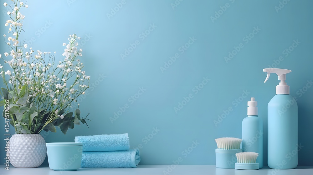 Cleaning supplies arranged on a white table with a blue background. Generative AI Cleaning supplies arranged on a white table with a blue background. Generative AI