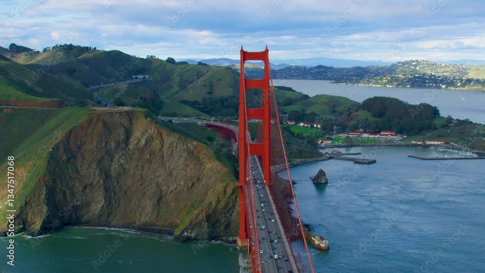 Aerial view of the Golden Gate Bridge. San Francisco, US. With the hilly Marin Headlands in the background. It connects the San Francisco Bay to Marin County. Shot in 8K. Aerial view of the Golden Gate Bridge. San Francisco, US. With the hilly Marin Headlands in the background. It connects the San Francisco Bay to Marin County. Shot in 8K.