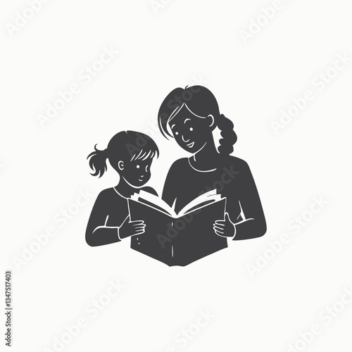 Hand drawn reading silhouette. read books in black and white background. Children reading book logo design vector illustration.
