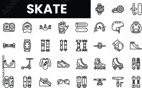 A collection of skateboarding and roller skating icons in a minimalist style.