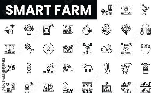 Illustrative icons representing various elements of smart farming technology.