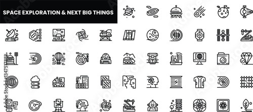 A dynamic collection of minimalist icons representing space exploration themes.
