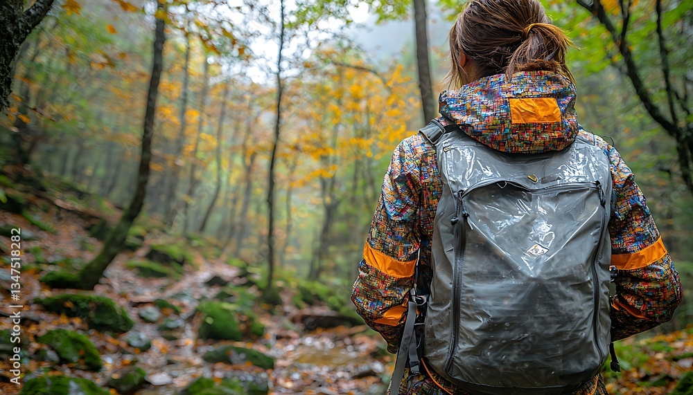 Woman hikes autumn forest trail Woman hikes autumn forest trail