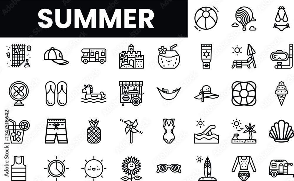 Summer-themed icons representing fun and relaxation activities. Summer-themed icons representing fun and relaxation activities.