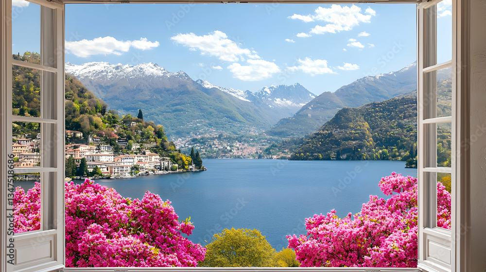 Fototapeta premium Lake View From Window With Pink Flowers In Spring